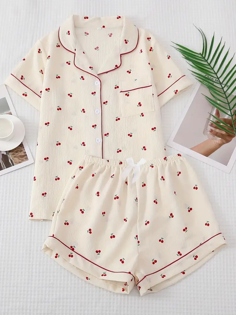 Cherry Print Pajama Set Sweet Cute Lapel Buttons Top And Bow - Temu | Temu Affiliate Program