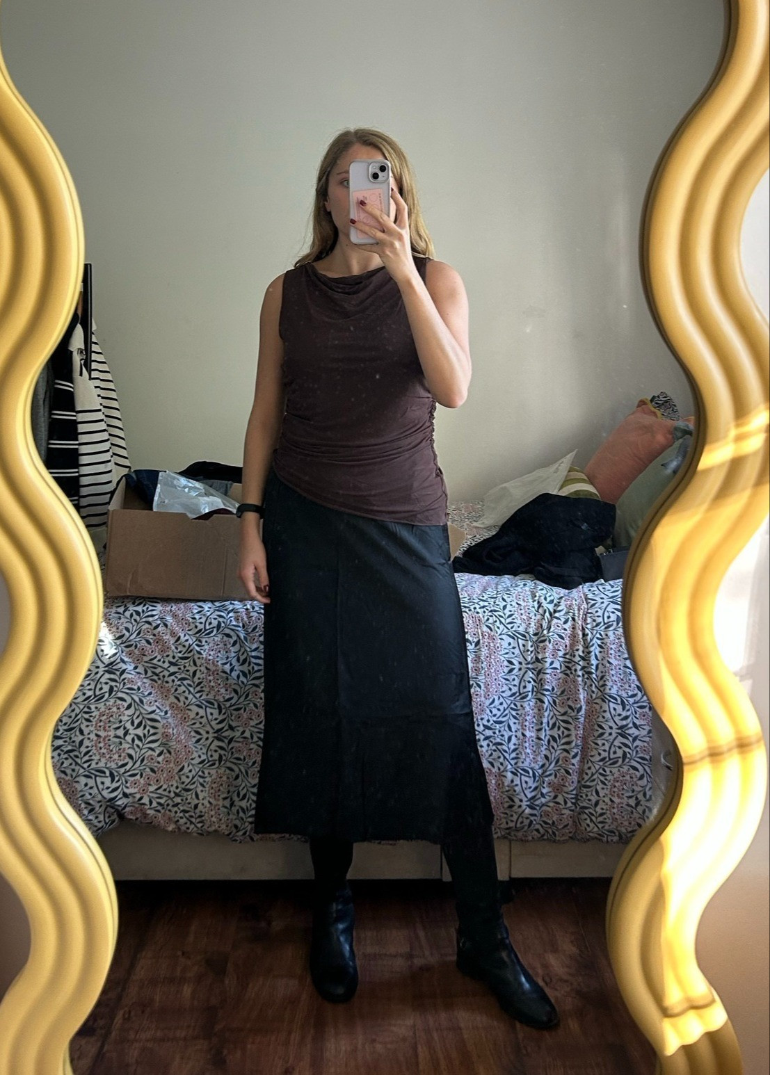  

 Brown ruched top, black satin skirt 

#LTKuk #LTKworkwear #LTKwinter