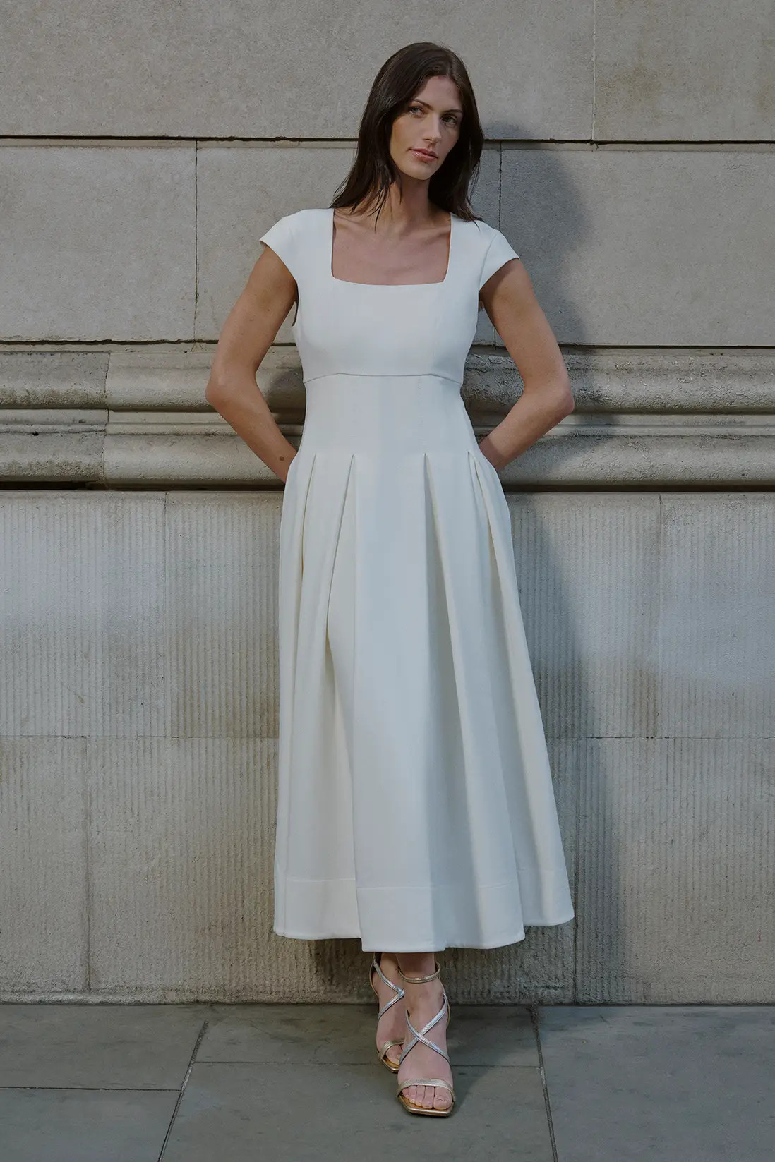 Clean Tailored Square Neck Full Skirted Midi Dress | Karen Millen