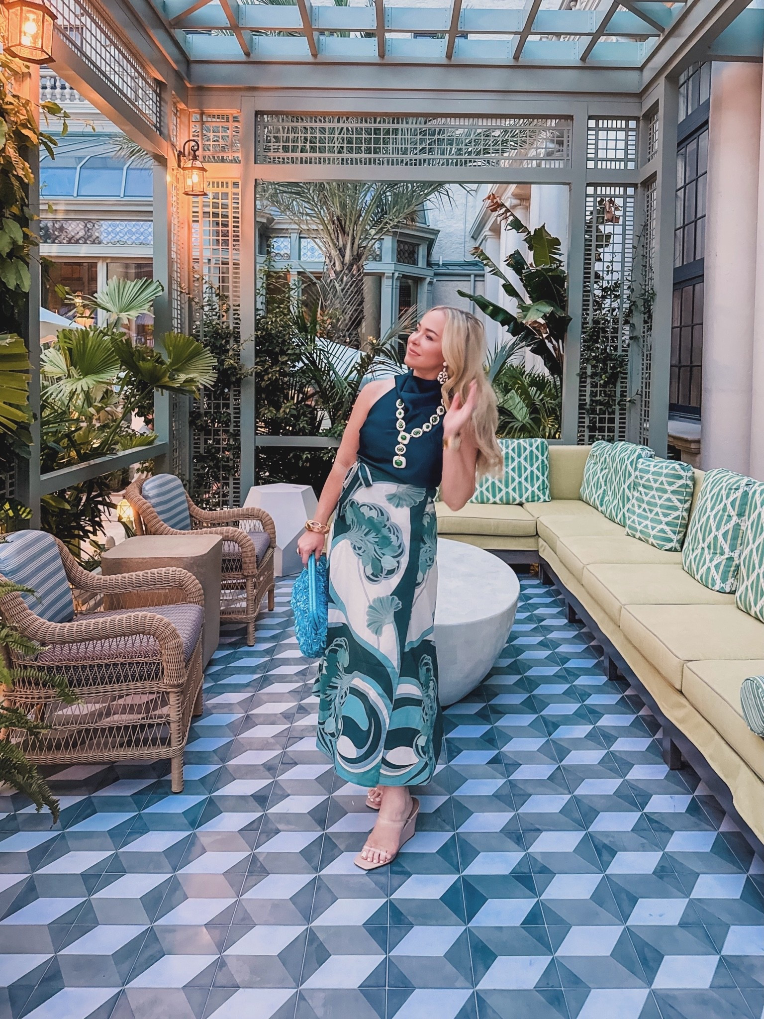 This wrap skirt is the star of this look, so I found a simple teal top on Amazon to pair with it! The necklace is from Ward Vintage, she’s on insta! 💙💚 The earrings are vintage I found in The Fields at Roundtop.