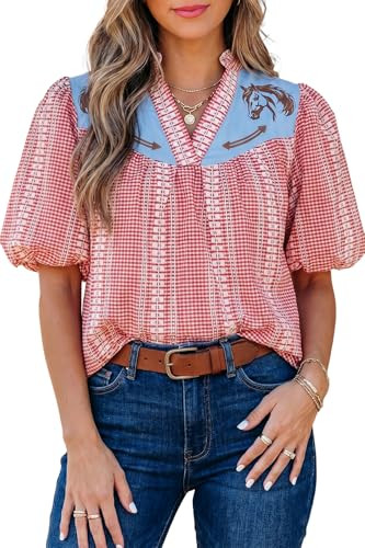 Womens Western Puff Sleeve Gingham Blouse Casual Horse Print V Neck Tops | Amazon (US)