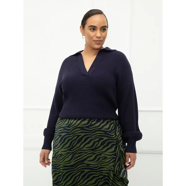 ELOQUII Elements Women's Plus Size Open Neck Polo Sweater | Walmart (US)