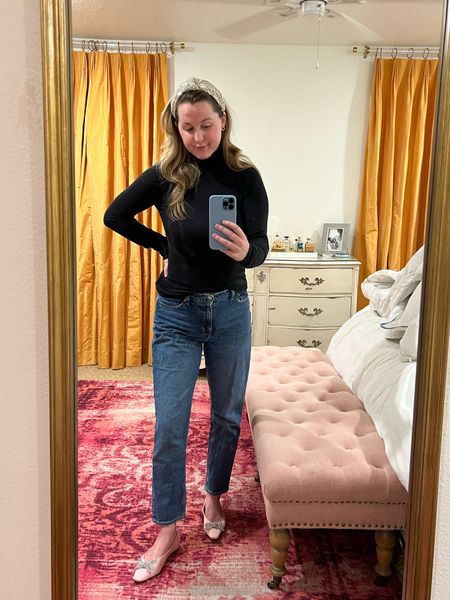 Ashley Butterfield of SideSmile Style wears a casual but festive outfit for NYE. 
Embellished flats, black turtleneck, mom jeans, sequin headband, holiday, New Year’s Eve.

#LTKSeasonal #LTKunder50 #LTKHoliday