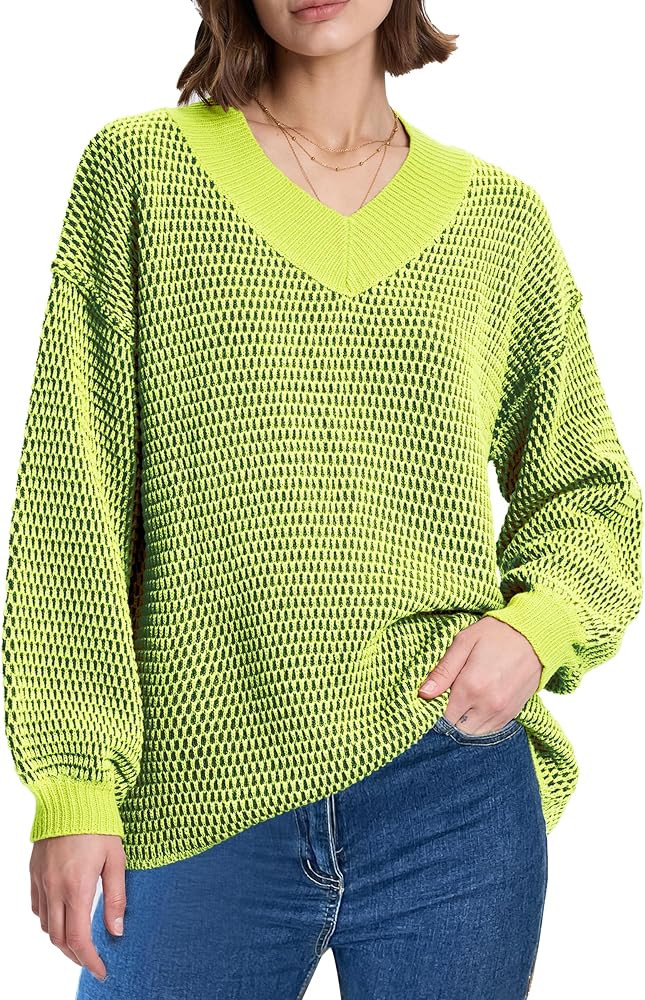 Cakulo Womens Oversized Fall Pullover V Neck Sweaters 2024 Chunky Knit Color Block Sweater Tops T... | Amazon (US)
