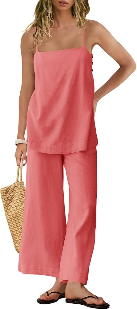 Panadila 2 Piece Linen Set Summer Travel Beach Vacation Outfit Sexy Spaghetti Strap Tank Top and ... | Amazon (US)