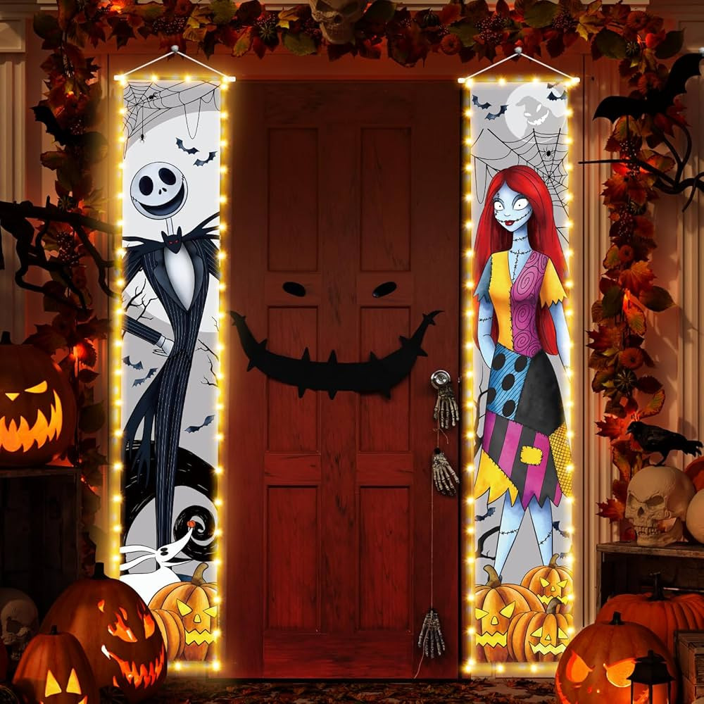 Jack Sally Lighted Banners Porch Signs Halloween Decor Christmas Nightmare Banner Halloween Decor... | Amazon (US)