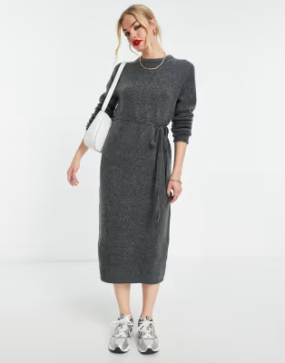 ASOS DESIGN knitted midi dress with tie waist in charcoal | ASOS (Global)