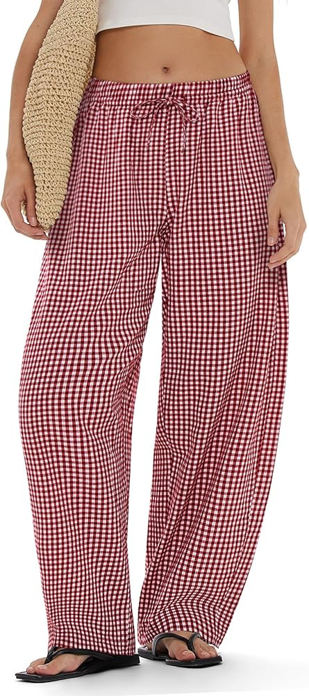 Amazon.com: MOOSLOVER Women Linen Lightweight Barrel Striped Pants Drawstring Comfort Casual Loun... | Amazon (US)