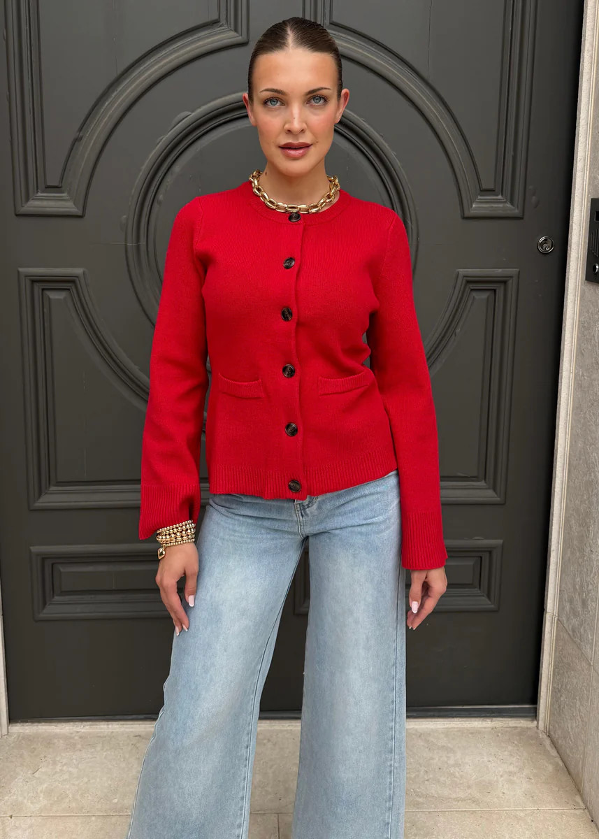 Maeve Long Flare Sleeve Knit Button Down Cardigan - Red | Benaar La