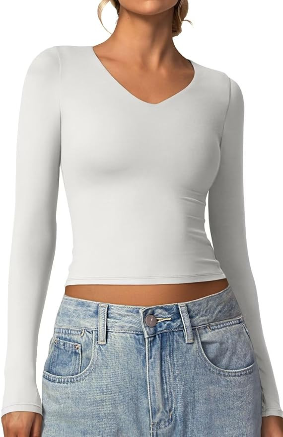 Vertvie Women's Double Lined Long Sleeve Shirts Sexy V Neck Tops Fitted Basic Tee Tight Trendy T ... | Amazon (US)