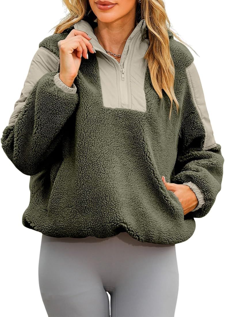Women's Winter Colorblock Patchwork Fuzzy Fleece Sherpa Hoodies Quarter Zip Hooded Sweatshirt Wit... | Amazon (US)