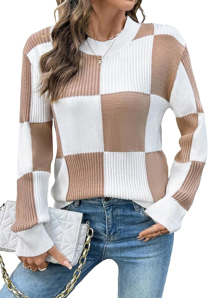 EVALESS Sweaters for Women Crewneck Long Sleeve Color Block Casual Knit Tops 2025 Fall Fashion Ch... | Amazon (US)