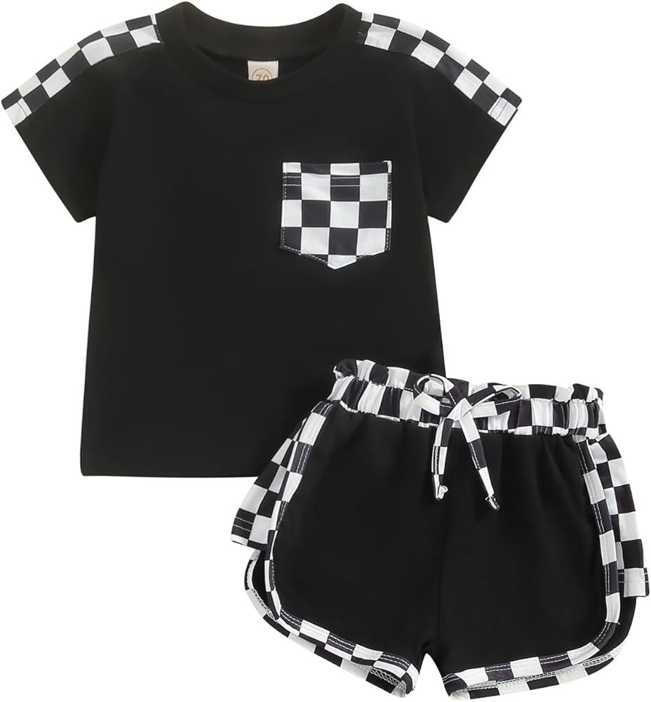 Infant Baby Boy Girl Clothes Spring Summer Outfits Checkerboard Pocket T-shirt Jogger Elastic Wai... | Amazon (US)