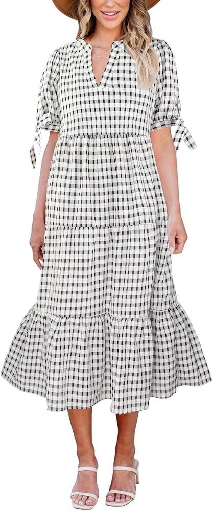 Theenkoln Womens Casual Midi Dress: Short Sleeve V-Neck Empire Waist Gingham Spring Fashion Long ... | Amazon (US)