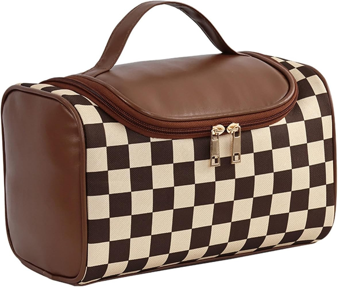 Makeup Bag, Travel Portable Checkered Pattern Cosmetics Skincare Storage Bag (Brown) | Amazon (US)