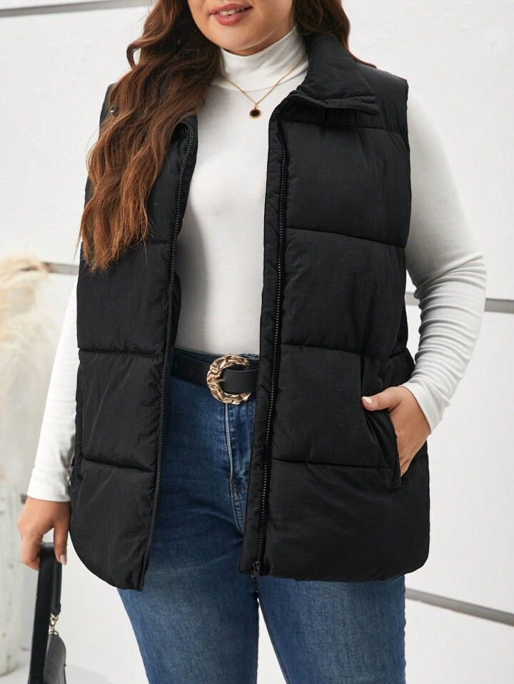SHEIN Frenchy Plus Zip Up Slant Pocket Vest Puffer Coat | SHEIN