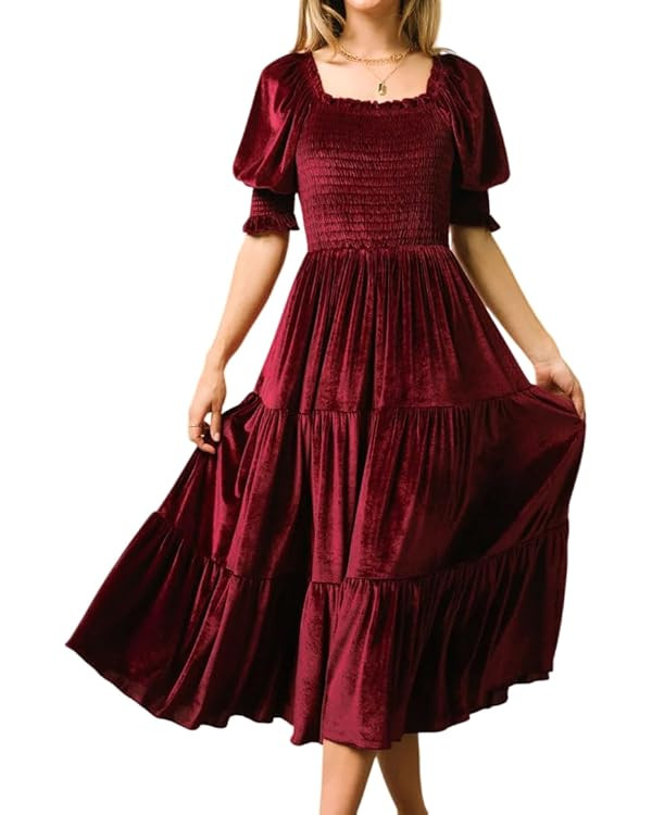 R.Vivimos Womens Fall Winter Velvet Dress Puff Sleeve Square Neck Smocked Tiered Ruffle A-Line Fl... | Amazon (US)