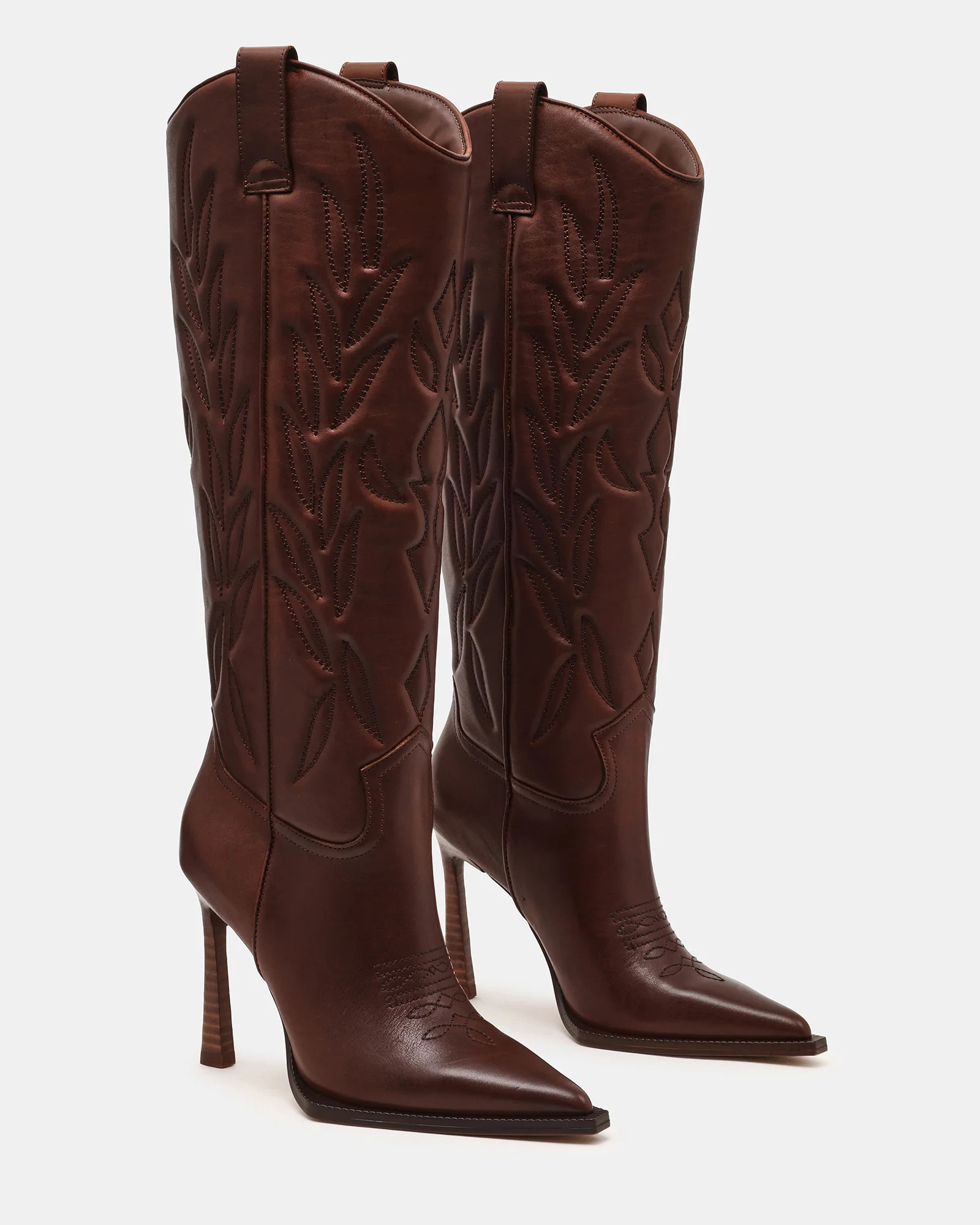 KINZEE Brown Leather Pointed-Toe Knee-High Western Stiletto Women's Boot | Steve Madden (US)