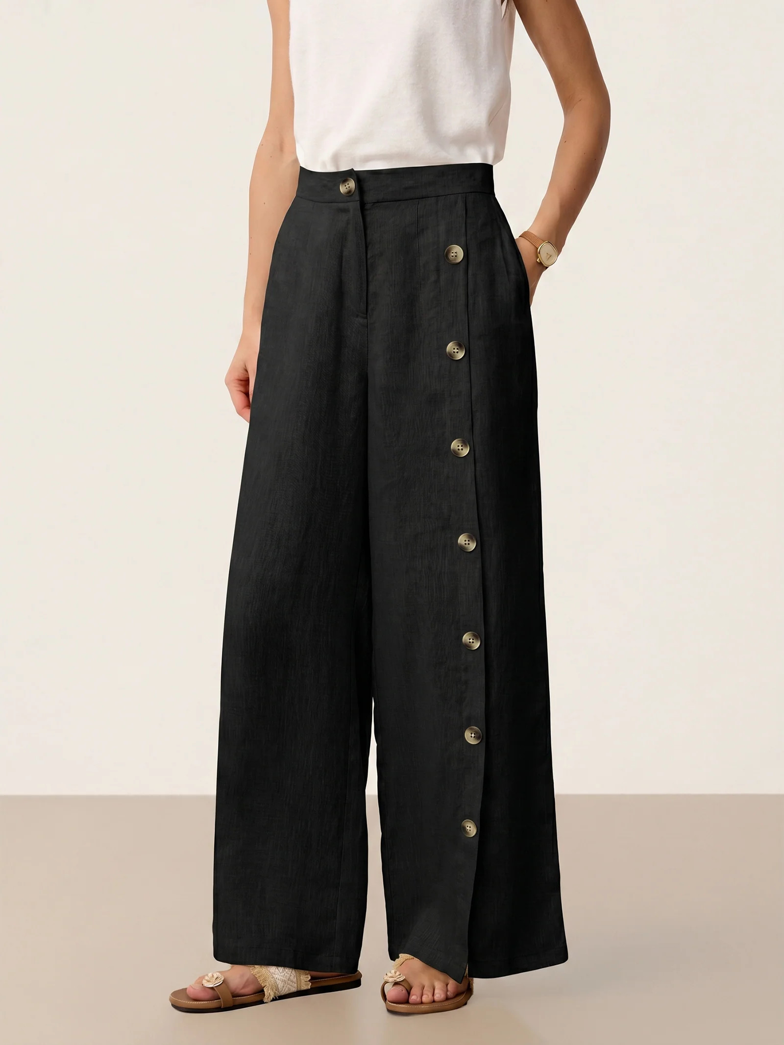 100% Linen Buttoned Slit-Hem Pants KATYA | LINTICO