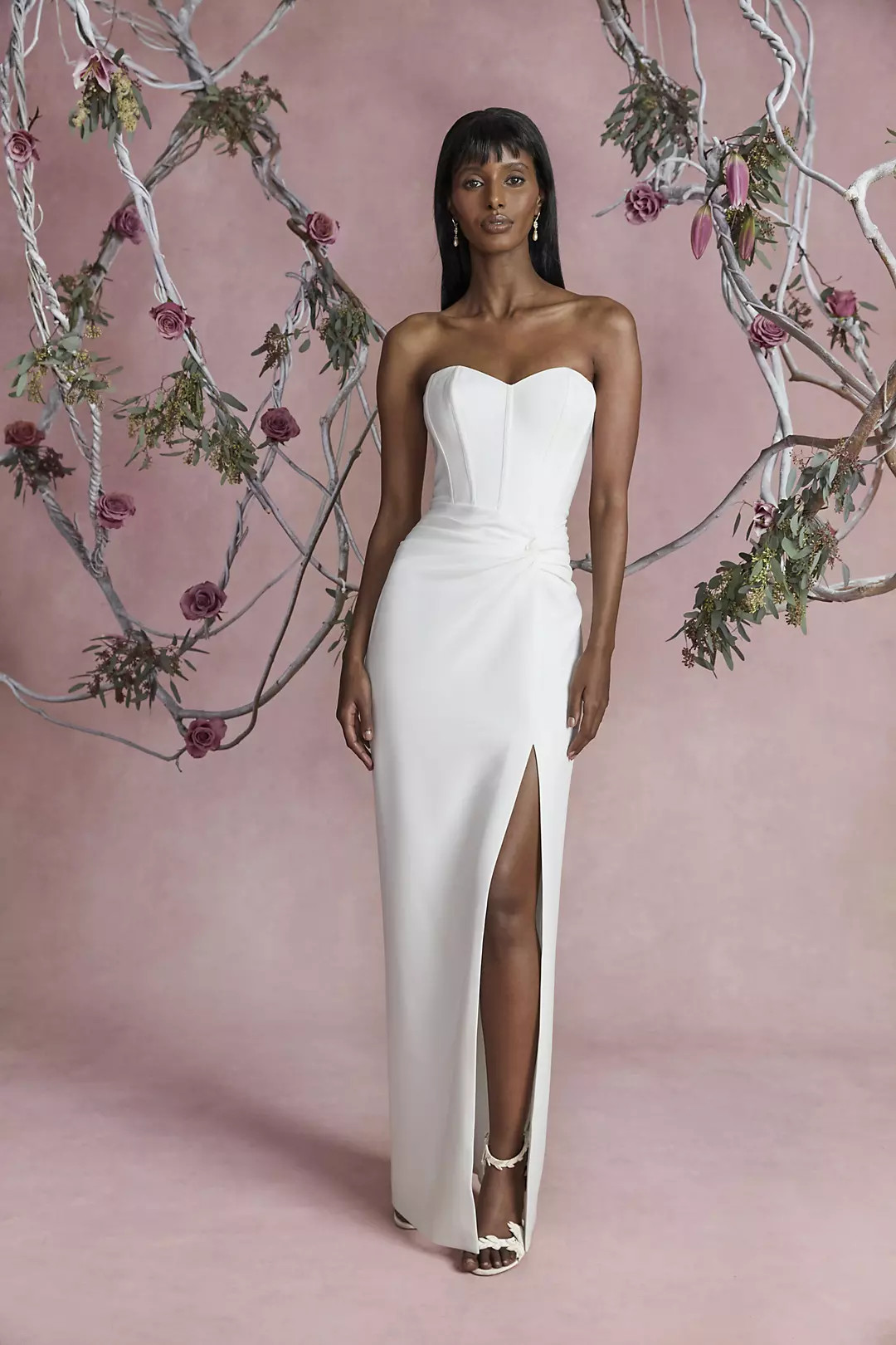 Sleeveless Crepe Gown with Corset Bodice in Ivory | David's Bridal