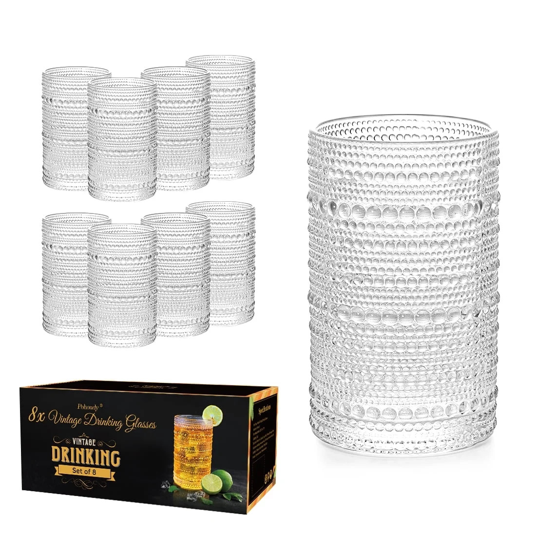 Hobnail Drinking Glasses Set of 8 - 12oz Vintage Beaded Highball Glasses, Clear Retro Kitchen Gla... | Walmart (US)
