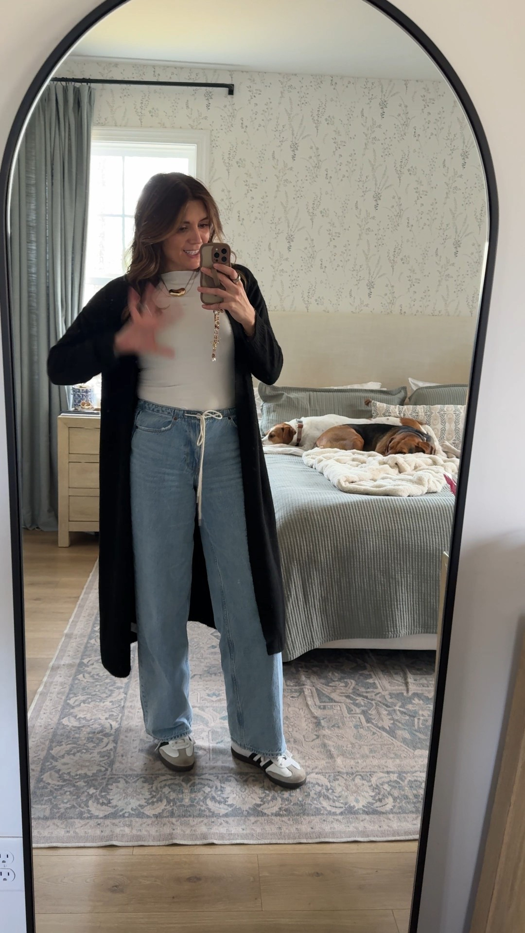 Outfit of the day with these brand new release Abercrombie jeans! Relaxed fit! On sale. I’m in a 26 long. Duster cardigan in a size XS. I’m 5’7” the perfect casual mom outfit!! 

#LTKSaleAlert #LTKOver40 #LTKTall