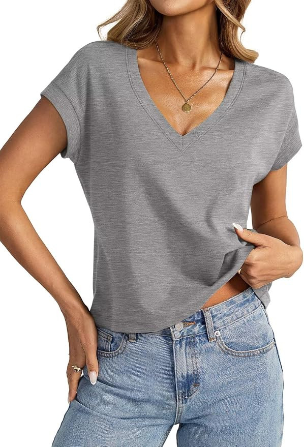 EasyGala Womens Cap Sleeve Crop Tops Cotton V Neck T Shirt Boxy Loose Fit Short Sleeves Tee Summe... | Amazon (US)