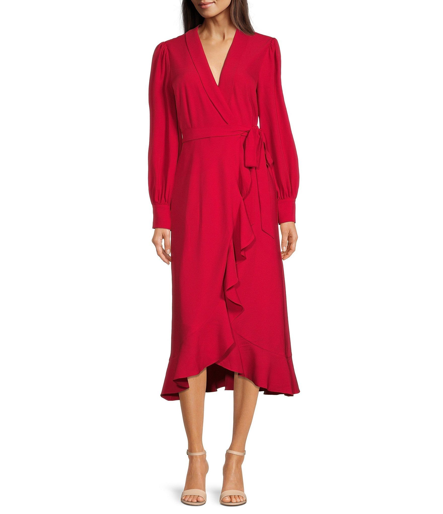 Aria Stretch Crepe V-Neck Long Sleeve Belted Cascading Ruffle Wrap Midi Dress | Dillard's