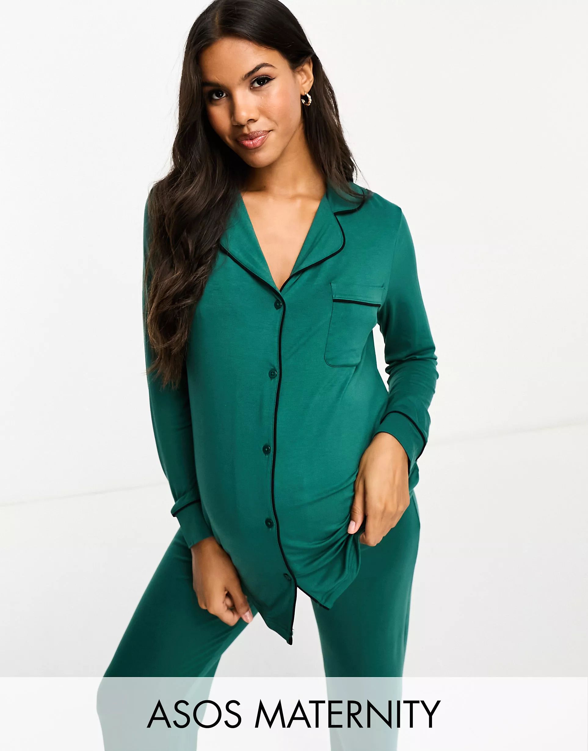 ASOS DESIGN Maternity viscose long sleeve shirt & pants pajama set with contrast piping in green | ASOS (Global)