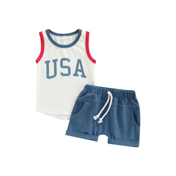 JBEELATE Baby Boys Summer Outfit Sets White Sleeveless Letter Print Vest + Blue Casual Shorts | Walmart (US)