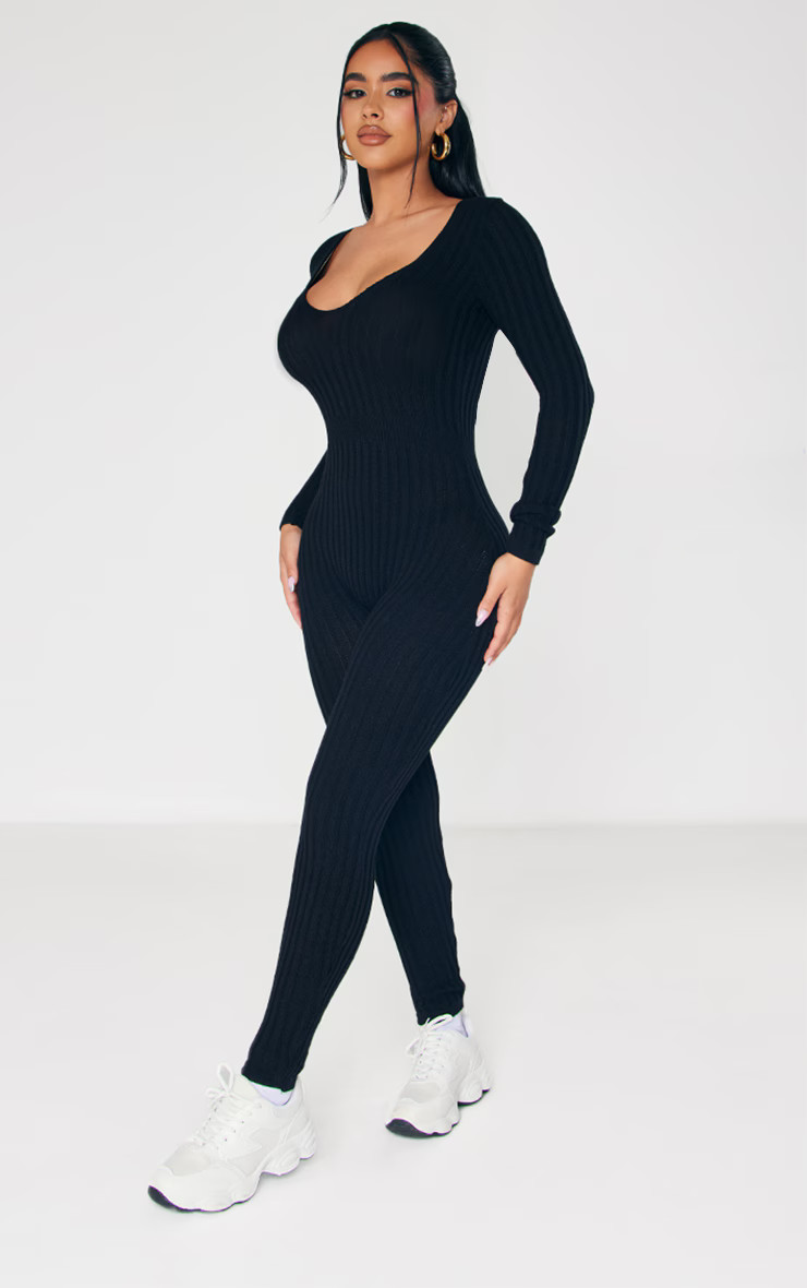 Petite Black Long Sleeve Knitted Jumpsuit | PrettyLittleThing US