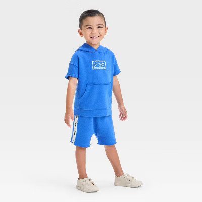 Grayson Mini Toddler Boys' Short Sleeve Wave French Terry Pullover and Shorts Set - Blue | Target