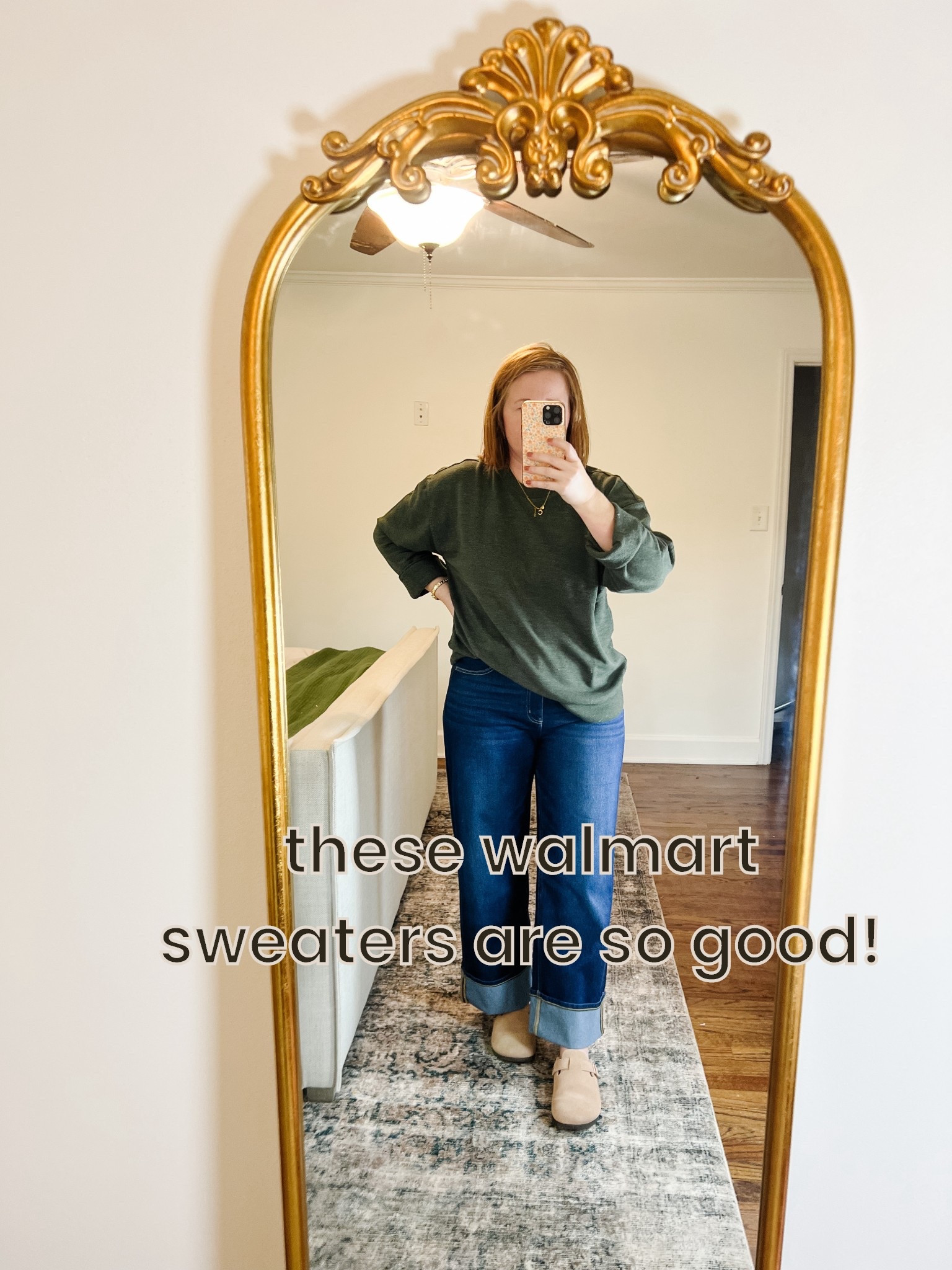 Walmart time & tru sweater (I get these every season they are so comfy!) size up for oversized! 5’4”, 160 wearing a L. Paired with the suede clogs that are about to go viral because the price is too good!! 

Casual outfit sweatshirt wide leg jeans cuffed jeans oversized sweatshirt bedroom decor

#LTKStyleTip #LTKFindsUnder50 #LTKHome
