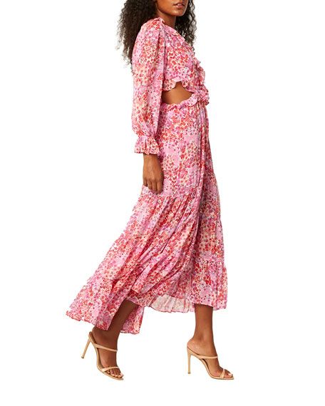 MISA Los Angeles Amelia Side-Cutout Midi Floral Dress | Neiman Marcus