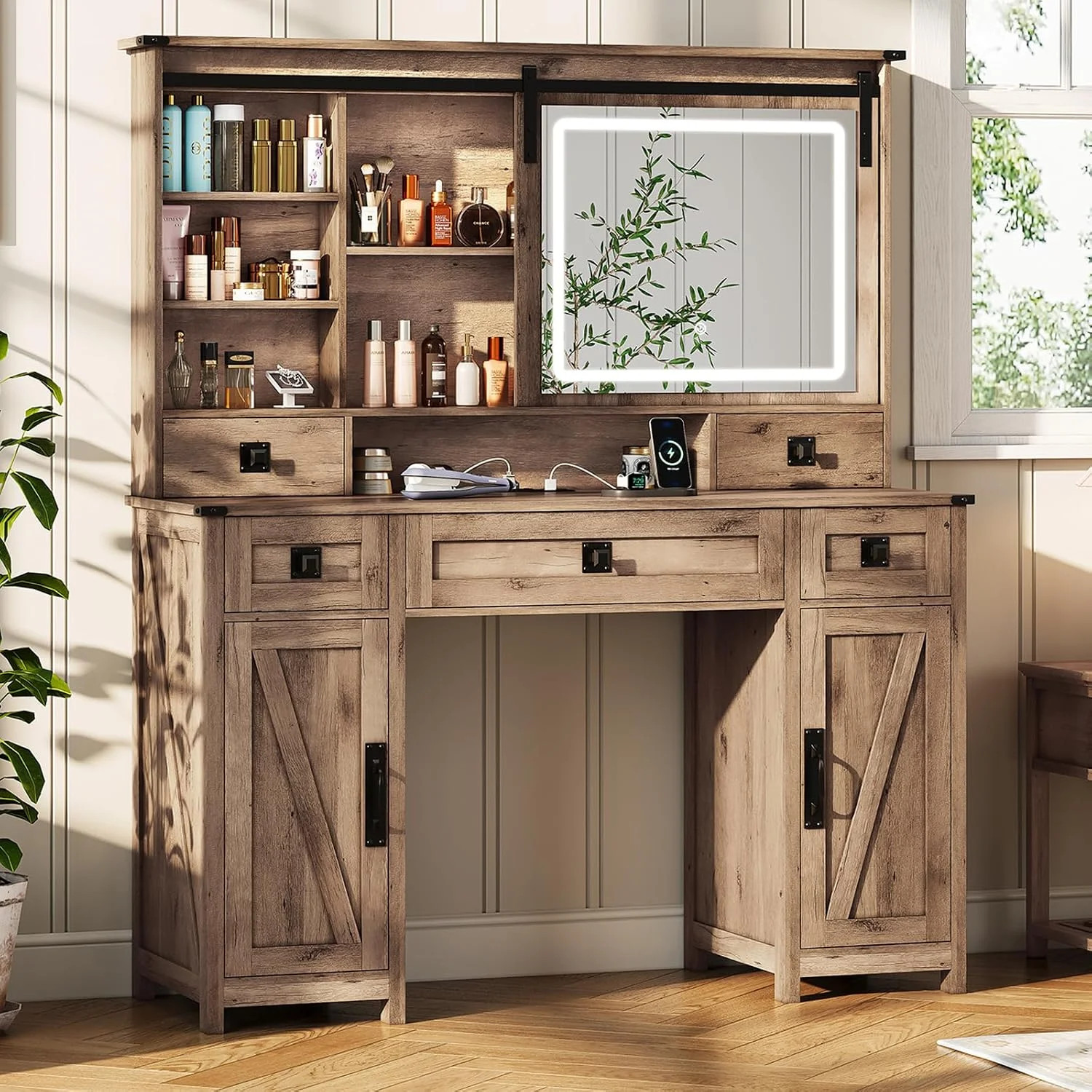 Makeup Vanity Desk with Lights, 47.2" Farmhouse Vanity Table with Sliding Mirror & Charging Stati... | Wayfair North America
