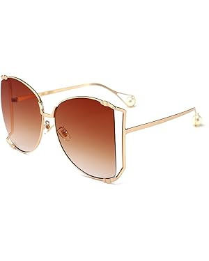 Armear Women Oversized Semi Rimless Sunglasses Retro Metal Frame Glasses Fashion Pearl Design | Amazon (US)