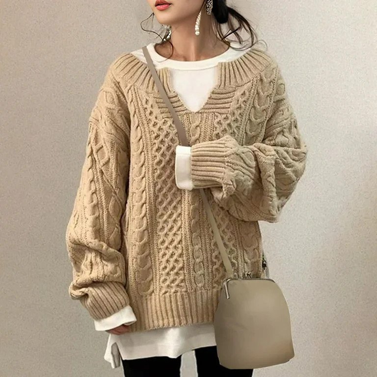 Women's Oversized Cable Knit Sweater, Cozy Chunky Pullover for Winter, Soft Pink Long Sleeve Jump... | Walmart (US)