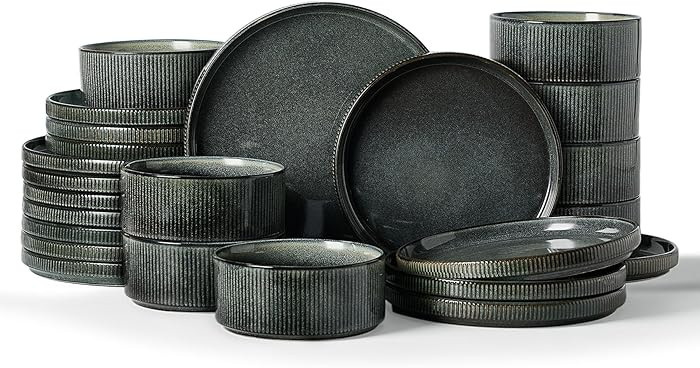 famiware Star Dinnerware Set, Plates and Bowls Sets for 8 (24pcs), Ribbed Stoneware Dishes - Chip... | Amazon (US)