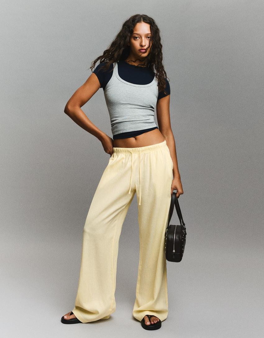Linen trousers with elasticated waist - Trousers - Women | Bershka UK