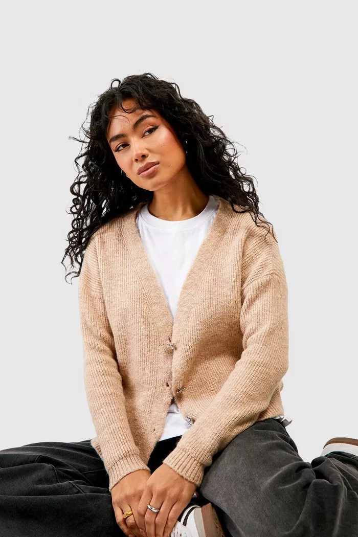 Rhinestone Button Soft Knit Slouchy Cardigan | boohoo (US & Canada)