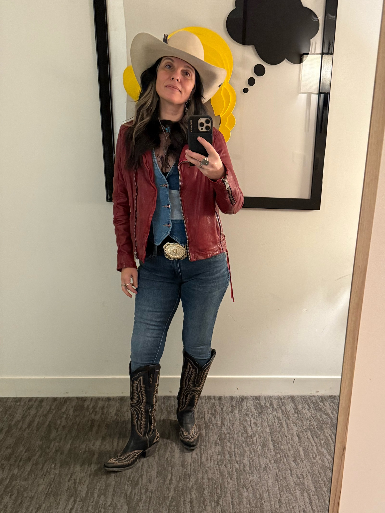 ❤️ NFR Outfit #5 ❤️
Embracing the vibrant energy of Las Vegas with this standout ensemble! Rocking a red leather jacket adorned with studded stars from @mauritasUSA, paired with classic Wrangler jeans. Completing the look with tall Casanova boots and a custom hat and feather by @caseycurtisdesigns. Bending western style with a rock and roll edge..

Jacket S | Jeans 26 | Vest XS | Shirt S | Boots 7

#NFRStyle #WesternFashion #MauritasUSA #WranglerJeans #CasanovaBoots #CaseyCurtisDesigns #LasVegas #TheVenetian #WesternElegance #ItalianCharm #RodeoReady #NFROutfitInspo

#LTKSaleAlert #LTKParties #LTKOver40