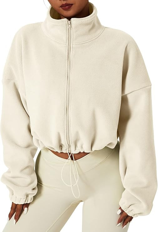 QINSEN Women's Full Zip Fleece Short Jacket Warm Winter Long Sleeve Stand Collar Sherpa Crop Coat | Amazon (US)