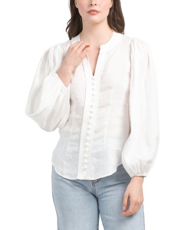 Linen Blouson Sleeve Split V-neck Button Down Shirt | TJ Maxx