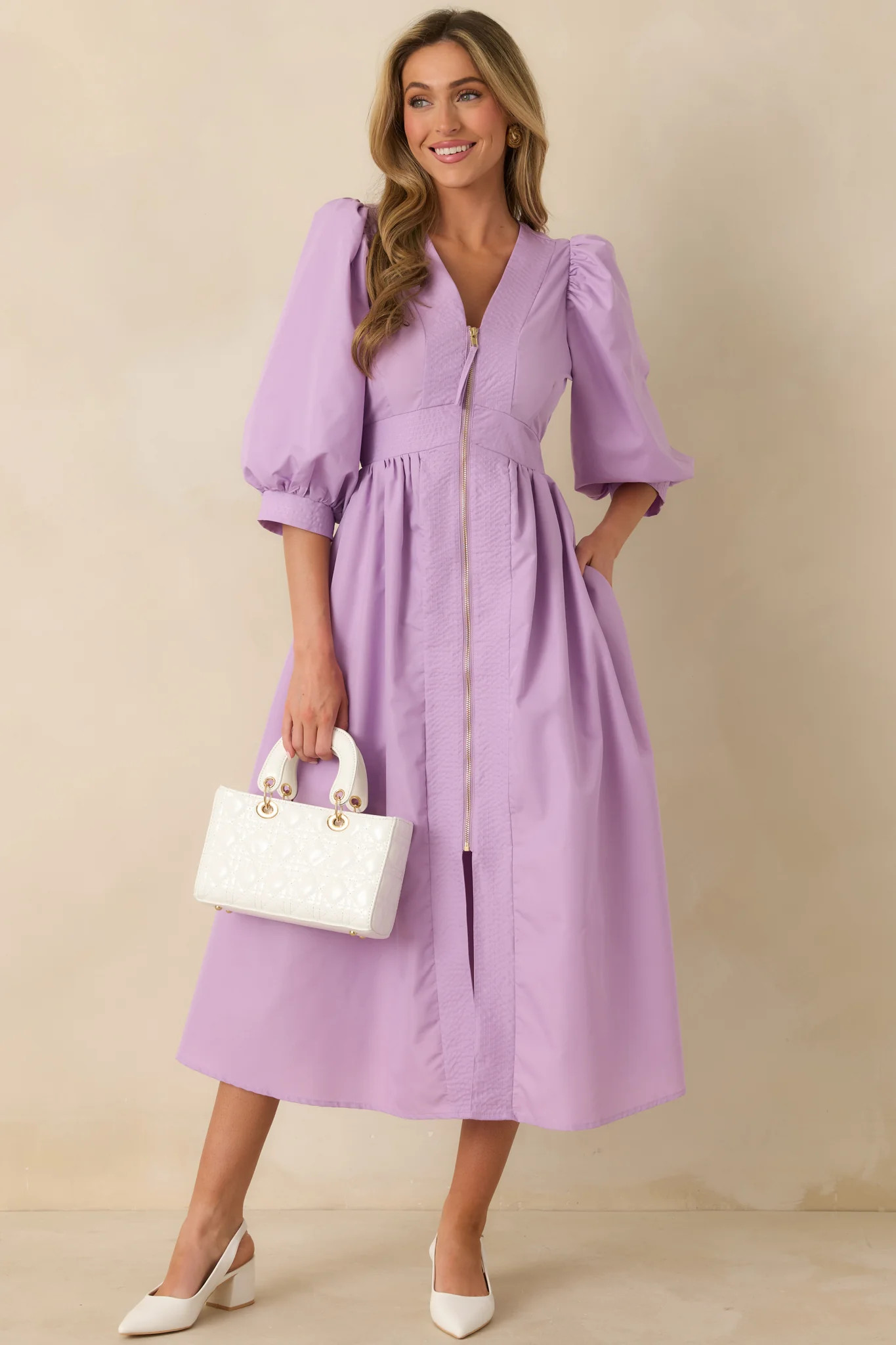 To Be Fair Lavender Blouson Sleeve Zip Up Midi Dress | Red Dress