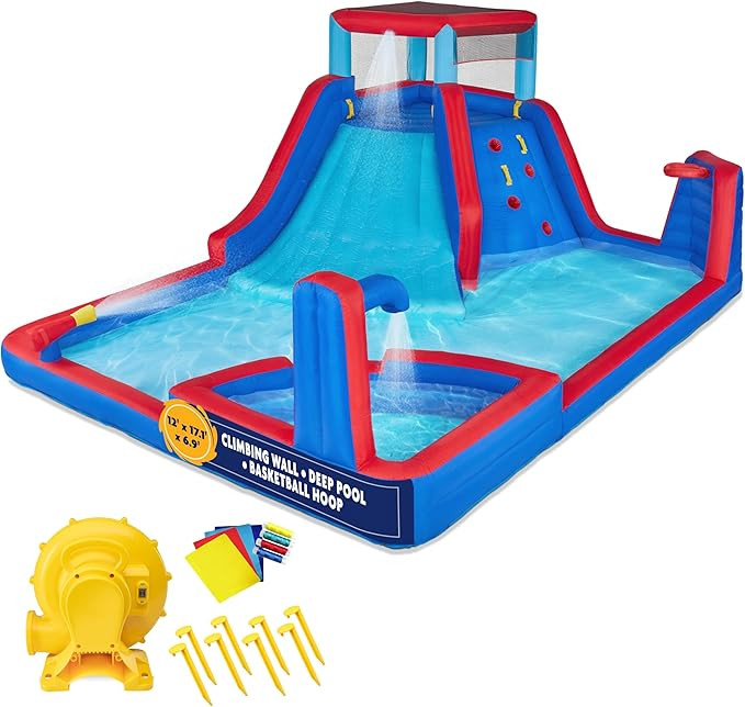 Sunny & Fun Four Corner Inflatable Water Slide Park – Heavy-Duty for Outdoor Fun - Climbing Wal... | Amazon (US)