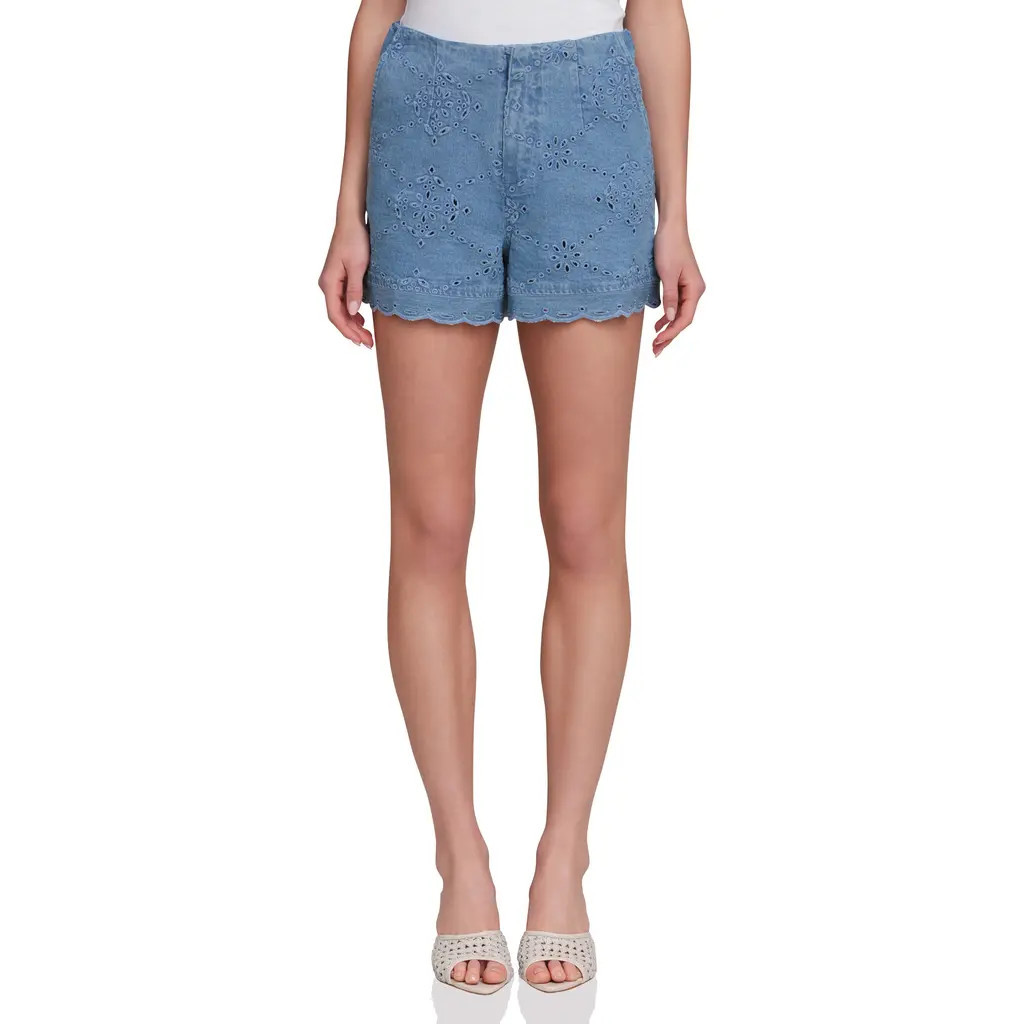 Avec Les Filles Stretch Cotton Eyelet Shorts in Sea Blue Wash at Nordstrom, Size 0 | Nordstrom