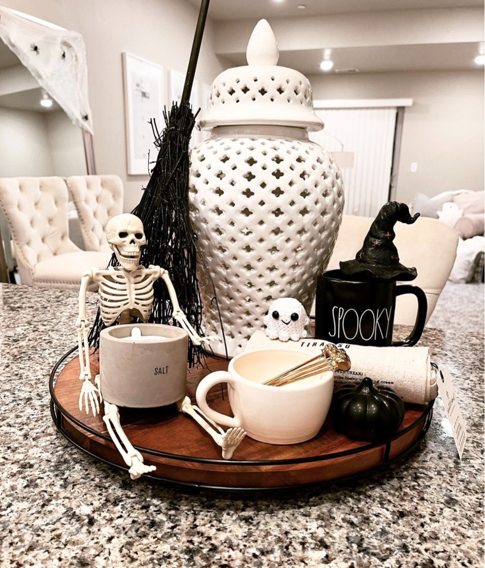 Halloween Tray
Ginger Jar, Skeletons, Halloween mugs, Salt Candle, Mini black broom, Wooden lazy suzan, Halloween bar cart
* I crocheted the ghost but got the idea from the ones I posted. 👻

#LTKstyletip #LTKhome #LTKSeasonal