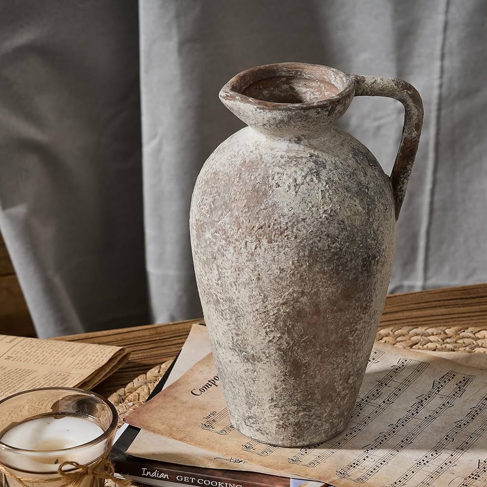 9.3 Inch Antique Ceramic Vase, Terracotta Vase with Handle, Boho Decor Farmhouse Decorative Vase,... | Amazon (US)