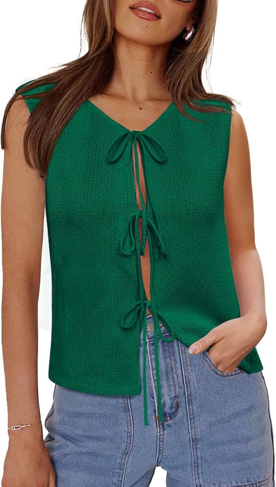 Yousify Women’s Tie Front Sweater Vest 2025 Summer Sleeveless Crochet Knit Tops Lightweight Car... | Amazon (US)