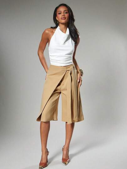 Hauture Women's Sexy Casual Solid Color Tailored Wrap Wide Leg Trousers Bermuda Shorts With Tie D... | SHEIN